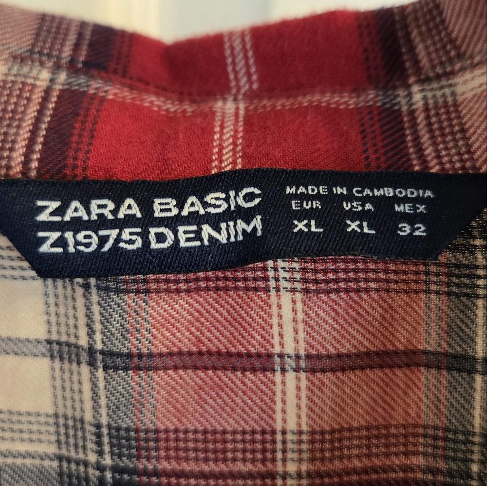 Zara Basic Denim Cropped Plaid Button-Up Shirt W/… - image 2